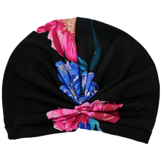 Pink Teal Gold Flowers on Black Turban Runway Style