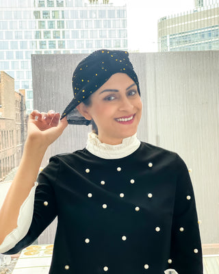 Sheer Pleated Gold Sequin Turban