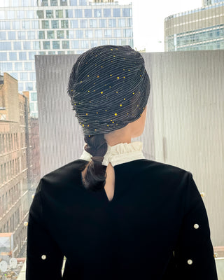 Sheer Pleated Gold Sequin Turban