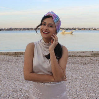 Iridescent Periwinkle Flower Metallic Designer Turban