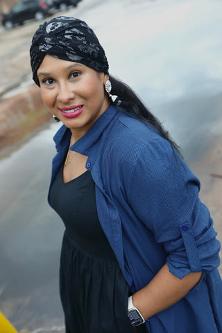 Black Silver Velvet Skull Turban
