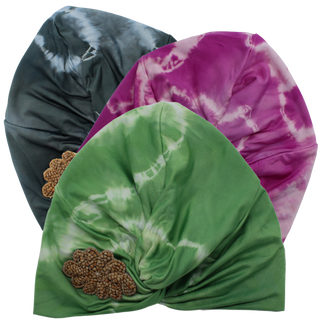 Tie Dye Hand Beaded Wood Flower Designer Turban