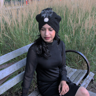 Knit Turban Feathers Pearls