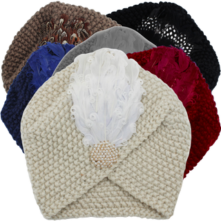 Knit Turban Feathers Pearls