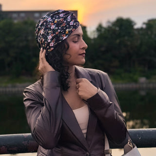 Orange Floral Print Black Turban