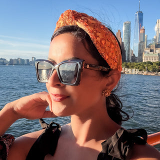 Gold Satin and Orange Sequin Embroidered Net Headband