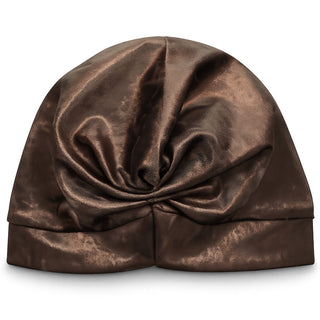 Brown suede textured metallic turban worn as stylish headwear for hair loss or sensitive scalp